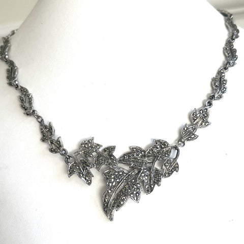 Marcasite Silver Vintage Choker Necklace, Leaf Motif.-Vintageonline-Vintage Online