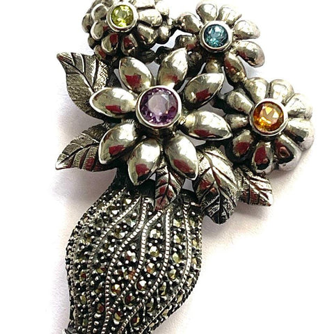 Marcasite and Silver Floral Vase Brooch-JJ Jonette Jewellery Company USA-Vintage Online