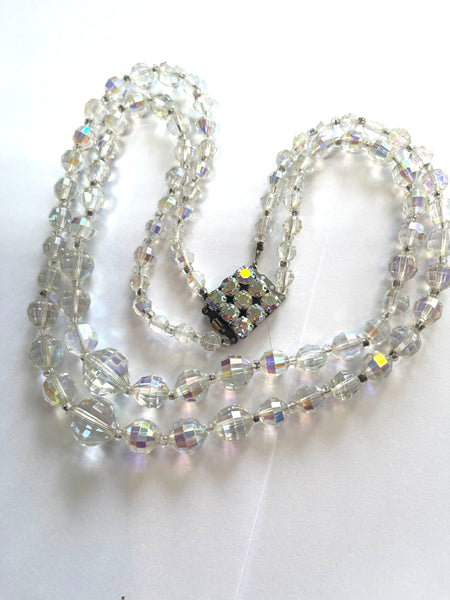 Mid Century Multi Faceted Aurora Borealis Crystal Double Strand Necklace-Vintageonline-Vintage Online