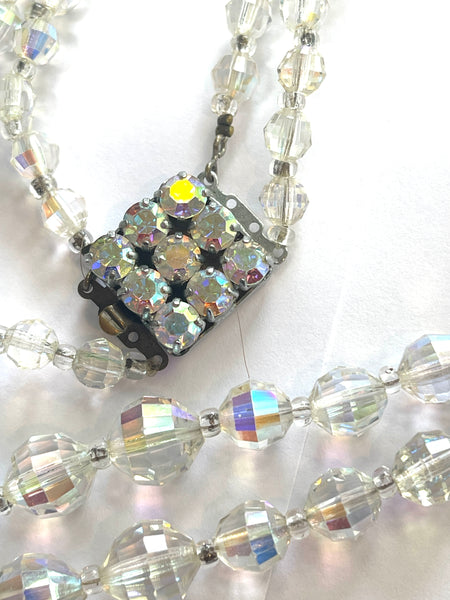 Mid Century Multi Faceted Aurora Borealis Crystal Double Strand Necklace-Vintageonline-Vintage Online