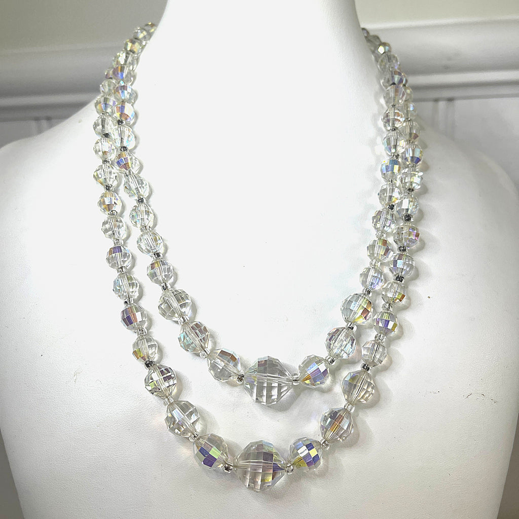 Mid Century Multi Faceted Aurora Borealis Crystal Double Strand Necklace-Vintageonline-Vintage Online