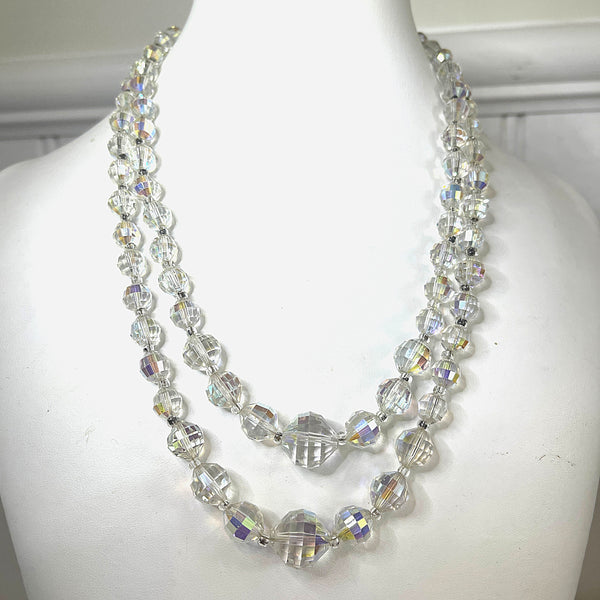 Mid Century Multi Faceted Aurora Borealis Crystal Double Strand Necklace-Vintageonline-Vintage Online