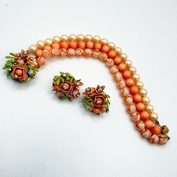 Mid Century Peach Tone Bracelet & Earrings Set-Vintageonline-Vintage Online