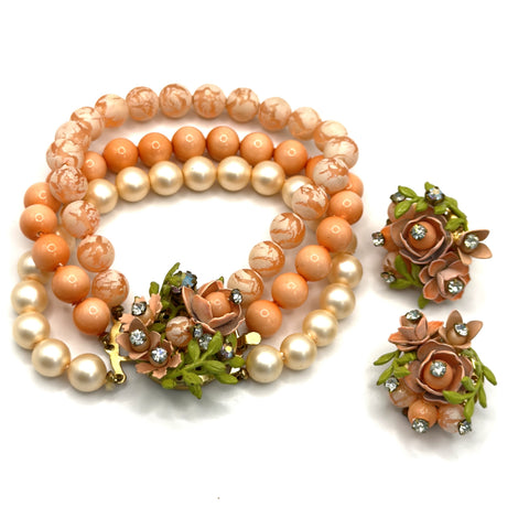 Mid Century Peach Tone Bracelet & Earrings Set-Vintageonline-Vintage Online