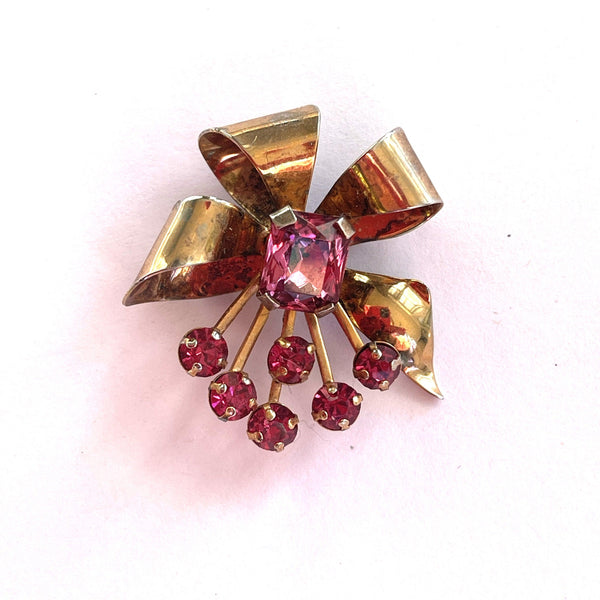 Mid Century Pink Crystal Rhinestone Vintage Brooch-Vintageonline-Vintage Online