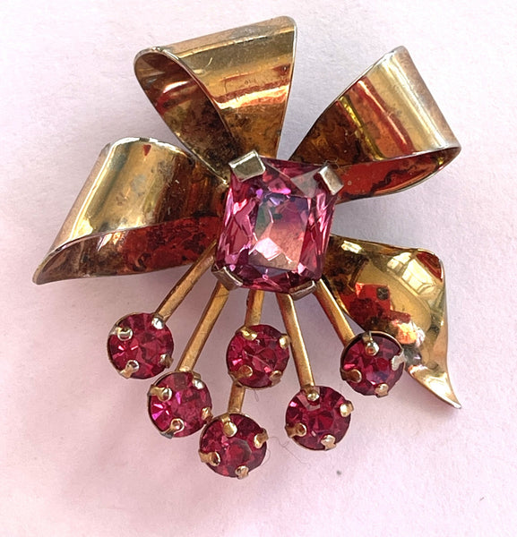 Mid Century Pink Crystal Rhinestone Vintage Brooch-Vintageonline-Vintage Online
