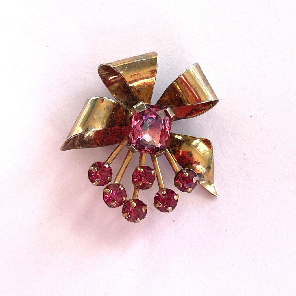 Mid Century Pink Crystal Rhinestone Vintage Brooch-Vintageonline-Vintage Online