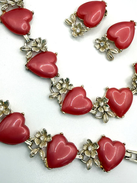 Mid Century Red Lucite Necklace, Bracelet and Earrings-Vintageonline-Vintage Online