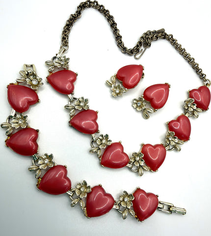 Mid Century Red Lucite Necklace, Bracelet and Earrings-Vintageonline-Vintage Online