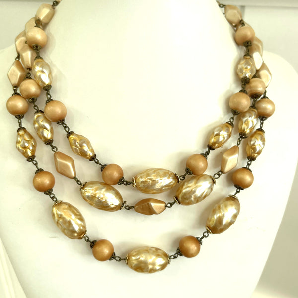 Mid Century Triple Strand Bead Necklace-Vintageonline-Vintage Online