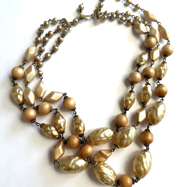 Mid Century Triple Strand Bead Necklace-Vintageonline-Vintage Online