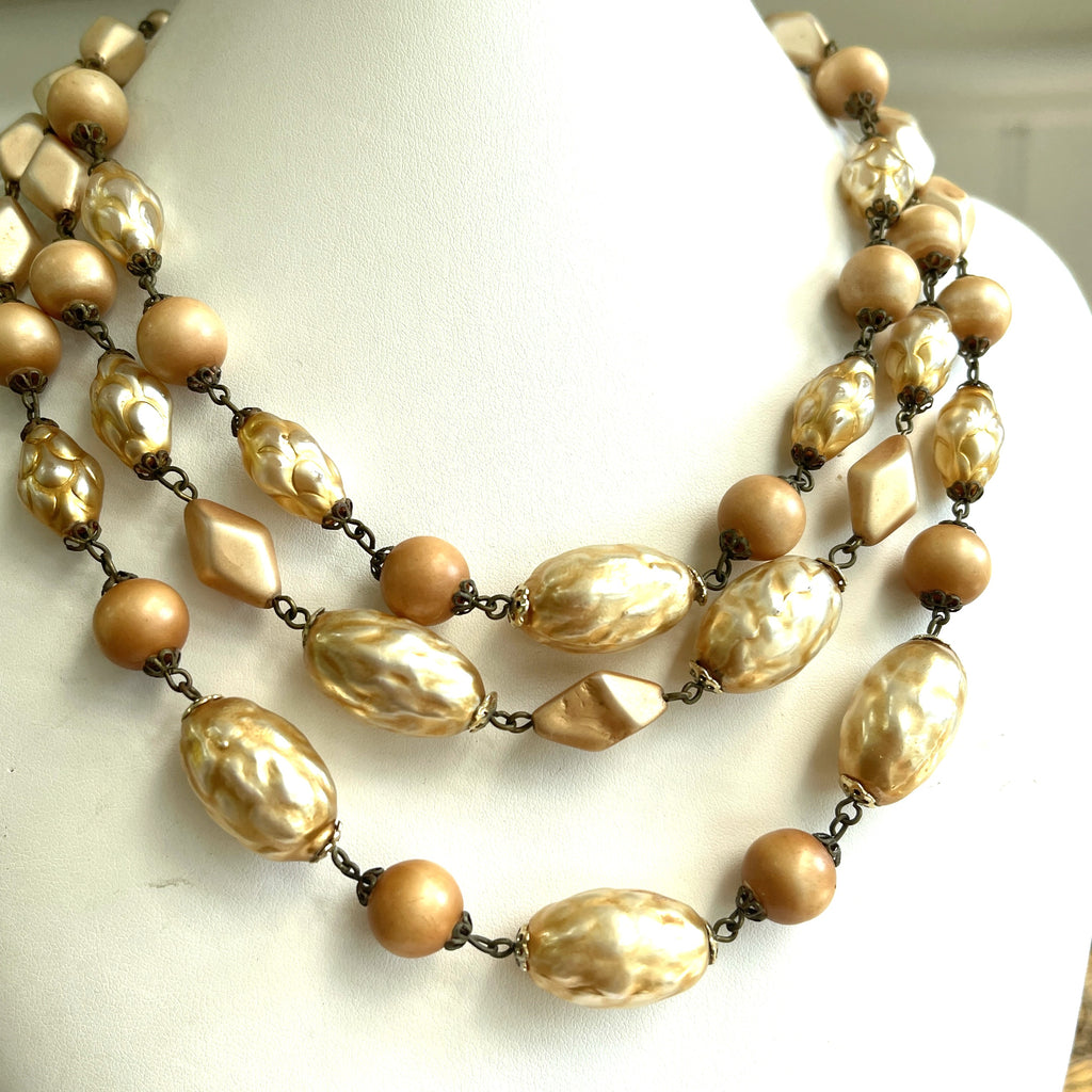 Mid Century Triple Strand Bead Necklace-Vintageonline-Vintage Online