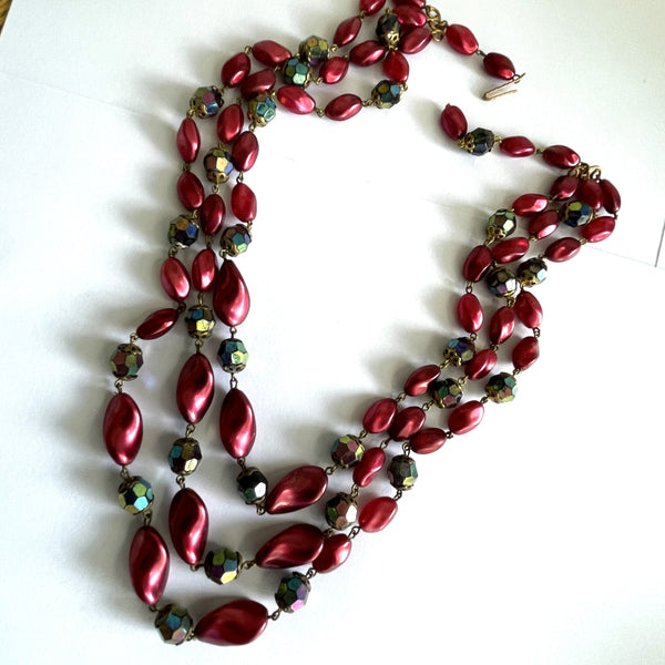 Mid Century Triple Strand Bead Necklace with Aurora Borealis-Vintageonline-Vintage Online
