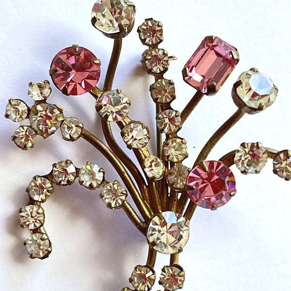 Mid Century Vintage Pink & Clear Rhinestone Brooch-Vintageonline-Vintage Online