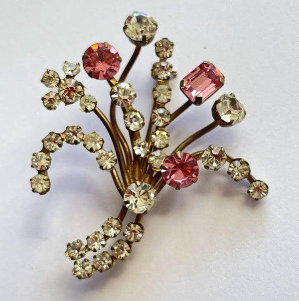 Mid Century Vintage Pink & Clear Rhinestone Brooch-Vintageonline-Vintage Online