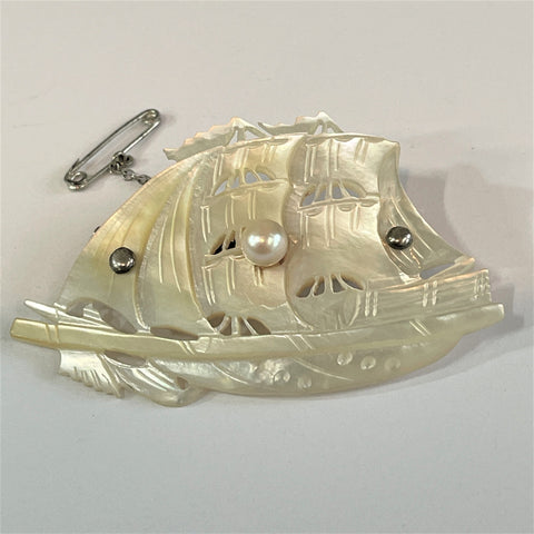 Mother of Pearl Vintage Carved Sailing Ship Brooch-Vintageonline-Vintage Online