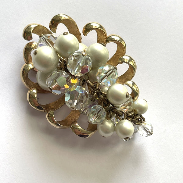 Pearl & Aurora Borealis Rhinestone Vintage Brooch-Vintageonline-Vintage Online