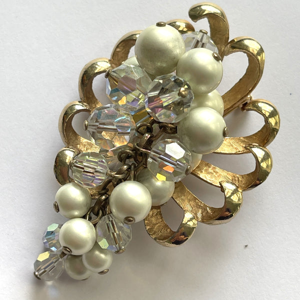Pearl & Aurora Borealis Rhinestone Vintage Brooch-Vintageonline-Vintage Online
