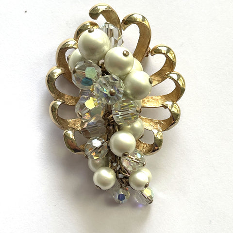 Pearl & Aurora Borealis Rhinestone Vintage Brooch-Vintageonline-Vintage Online