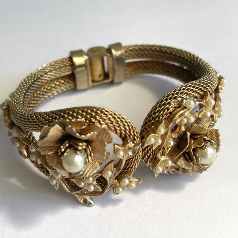 Pearl and Gold Tone Vintage Clamper Bracelet-Vintageonline-Vintage Online