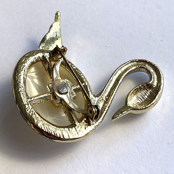 Pearlized Rhinestone Swan Brooch-Vintageonline-Vintage Online