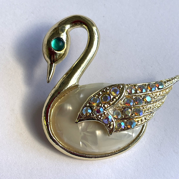 Pearlized Rhinestone Swan Brooch-Vintageonline-Vintage Online