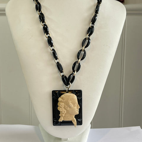 Pendant black with cream Regency Gentleman head with Cravat-Vintageonline-Vintage Online