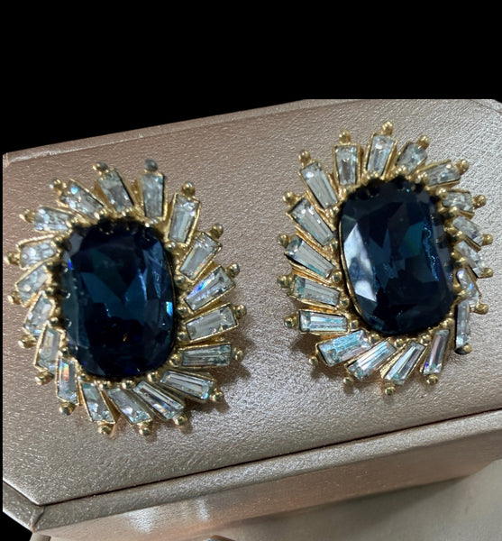 DIOR Vintage 80's Blue Sapphire Glass & Baguette Shaped Rhinestones