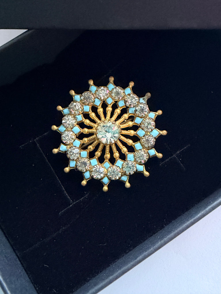 Pinwheel Shaped Aqua & Clear Rhinestone Vintage Brooch-Vintageonline-Vintage Online