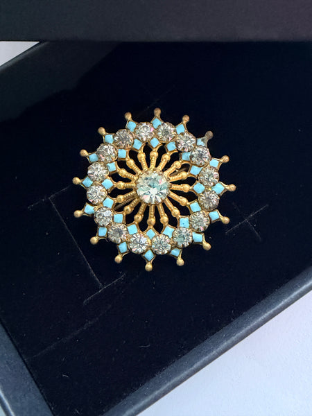 Pinwheel Shaped Aqua & Clear Rhinestone Vintage Brooch-Vintageonline-Vintage Online