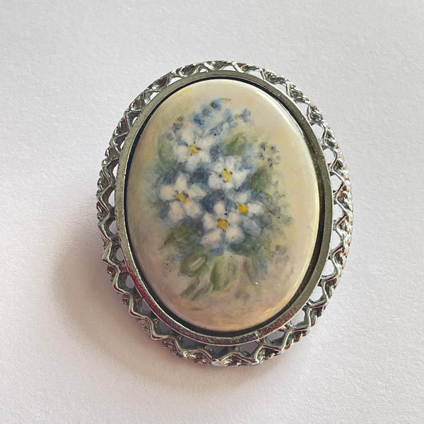 Porcelain Hand Painted Floral Brooch, Pendant-Vintageonline-Vintage Online