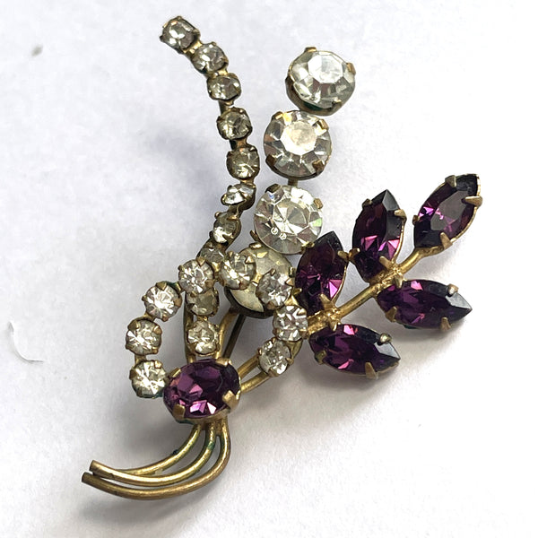 Purple & Clear Rhinestone Floral Spray Vintage Brooch-Vintageonline-Vintage Online
