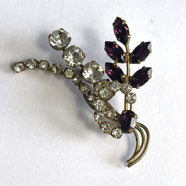Purple & Clear Rhinestone Floral Spray Vintage Brooch-Vintageonline-Vintage Online