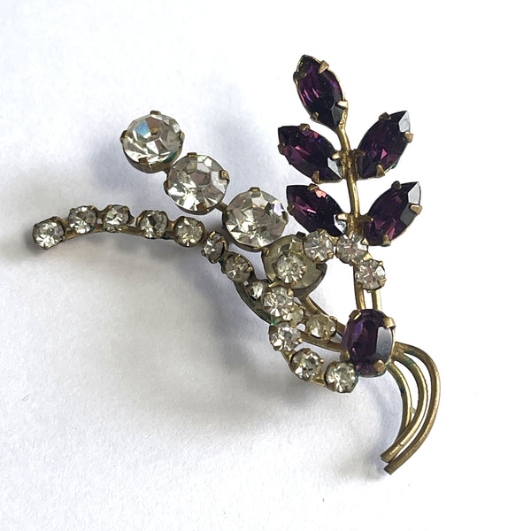Purple & Clear Rhinestone Floral Spray Vintage Brooch-Vintageonline-Vintage Online