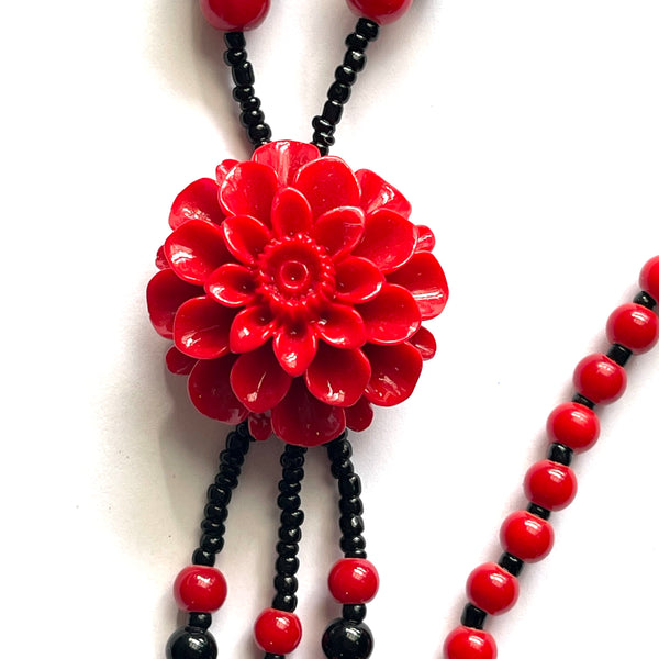 Red & Black Bead Lariat Necklace-Vintageonline-Vintage Online