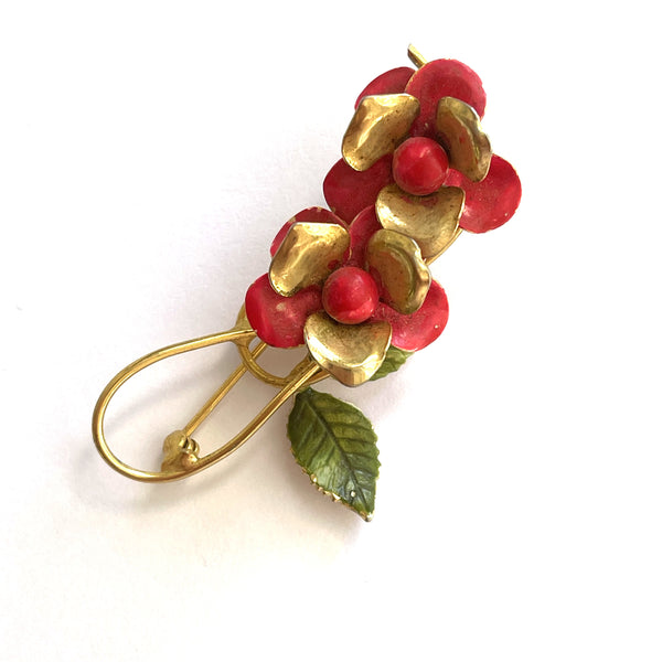 Red & Gold tone Flower Head Vintage Brooch-Vintageonline-Vintage Online