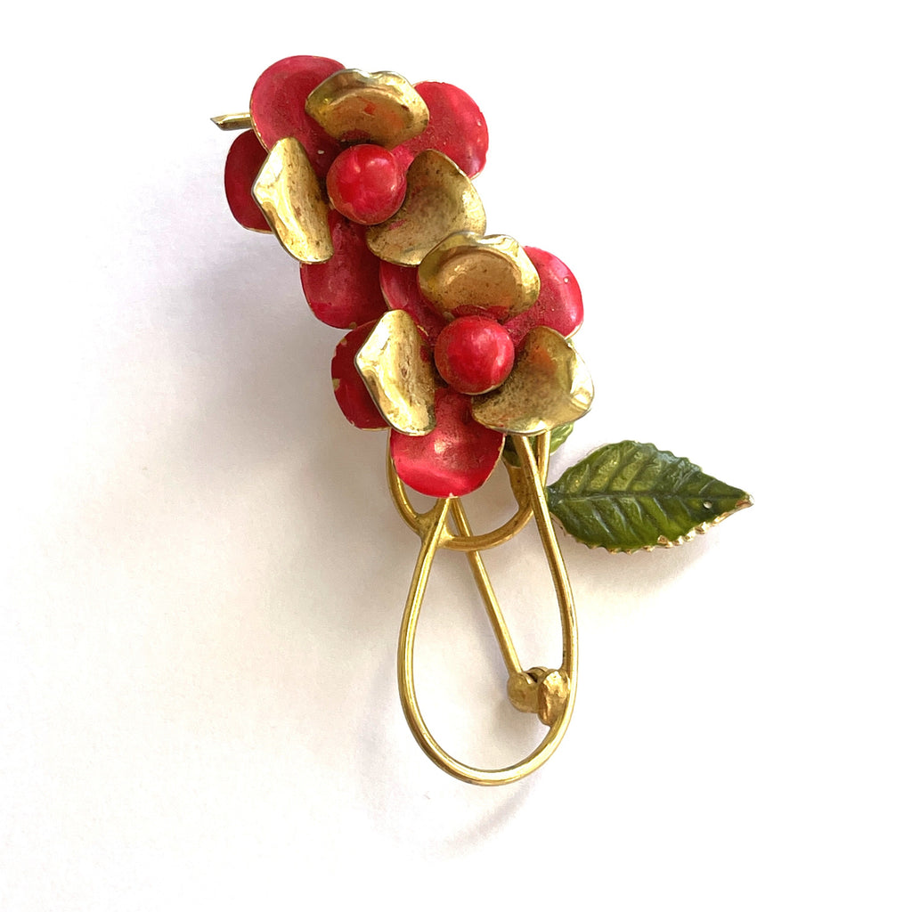 Red & Gold tone Flower Head Vintage Brooch-Vintageonline-Vintage Online