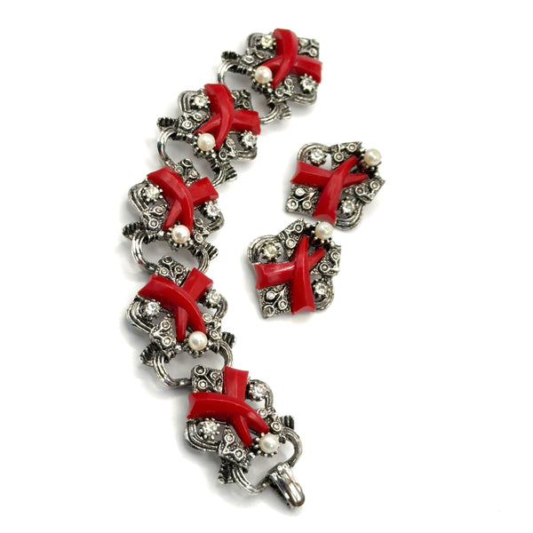 Red Lucite & Silver tone Vintage Bracelet & Earrings-Vintageonline-Vintage Online