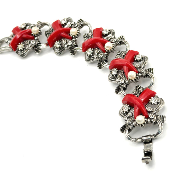Red Lucite & Silver tone Vintage Bracelet & Earrings-Vintageonline-Vintage Online