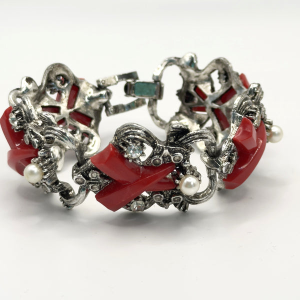 Red Lucite & Silver tone Vintage Bracelet & Earrings-Vintageonline-Vintage Online