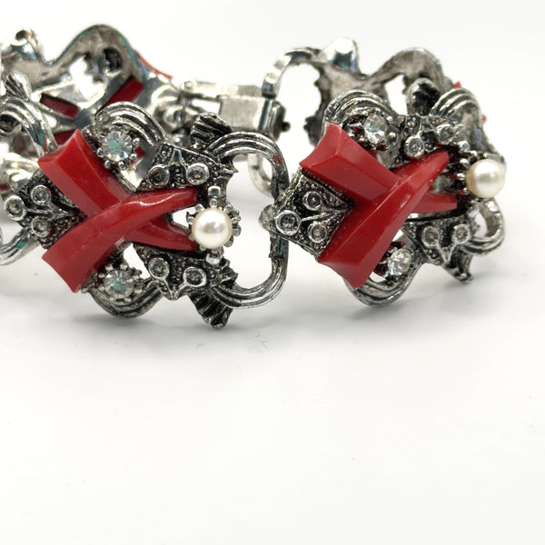 Red Lucite & Silver tone Vintage Bracelet & Earrings-Vintageonline-Vintage Online