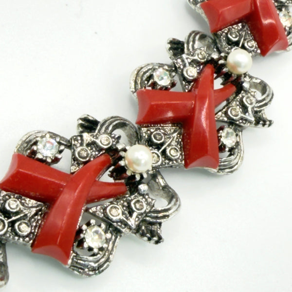 Red Lucite & Silver tone Vintage Bracelet & Earrings-Vintageonline-Vintage Online