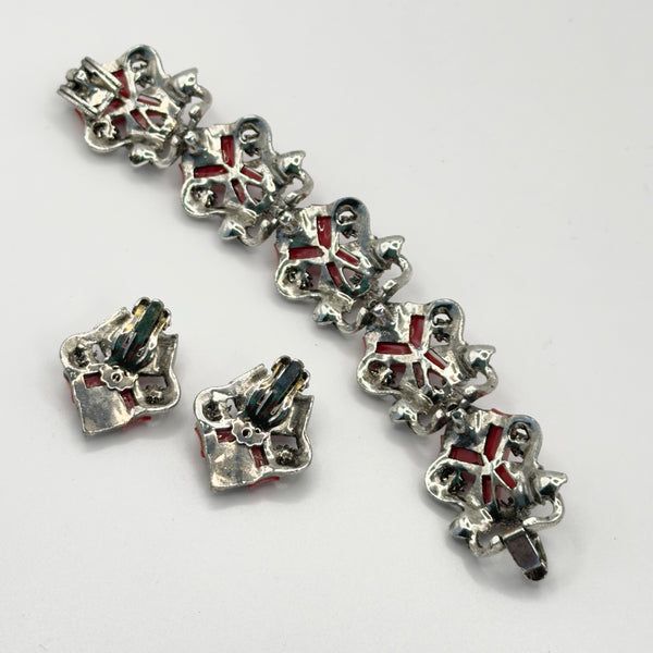 Red Lucite & Silver tone Vintage Bracelet & Earrings-Vintageonline-Vintage Online