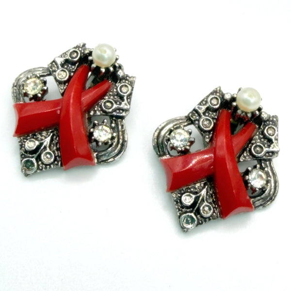 Red Lucite & Silver tone Vintage Bracelet & Earrings-Vintageonline-Vintage Online