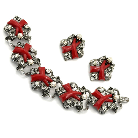 Red Lucite & Silver tone Vintage Bracelet & Earrings-Vintageonline-Vintage Online