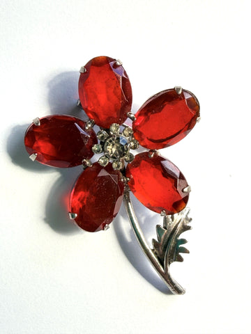 Red Rhinestone Flower Head Vintage Brooch-Vintageonline-Vintage Online