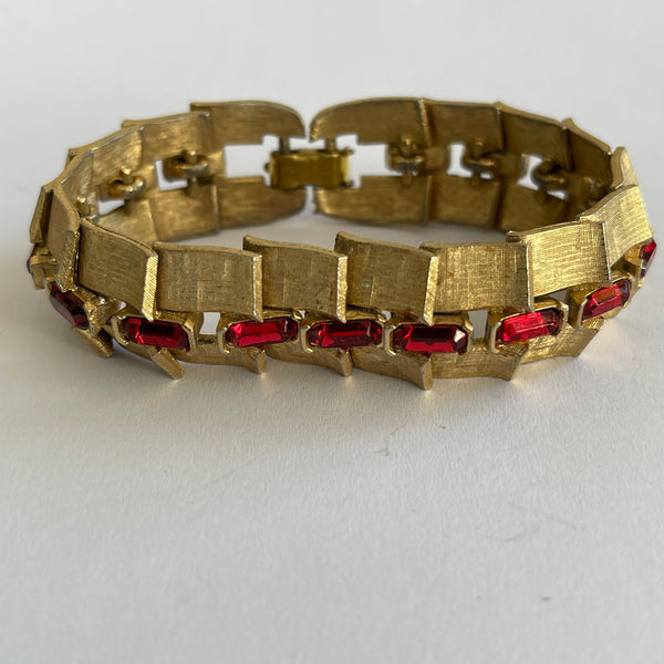 Red Rhinestone Gold Tone Vintage Bracelet-Vintageonline.-Vintage Online