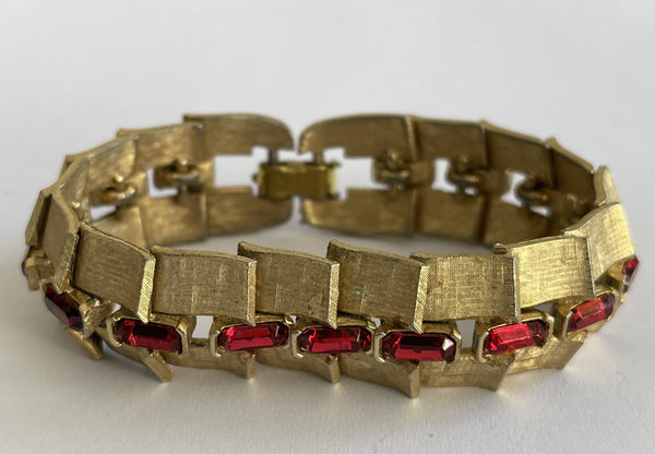 Red Rhinestone Gold Tone Vintage Bracelet-Vintageonline.-Vintage Online
