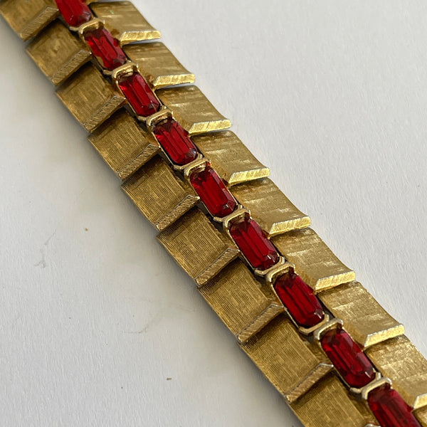 Red Rhinestone Gold Tone Vintage Bracelet-Vintageonline.-Vintage Online