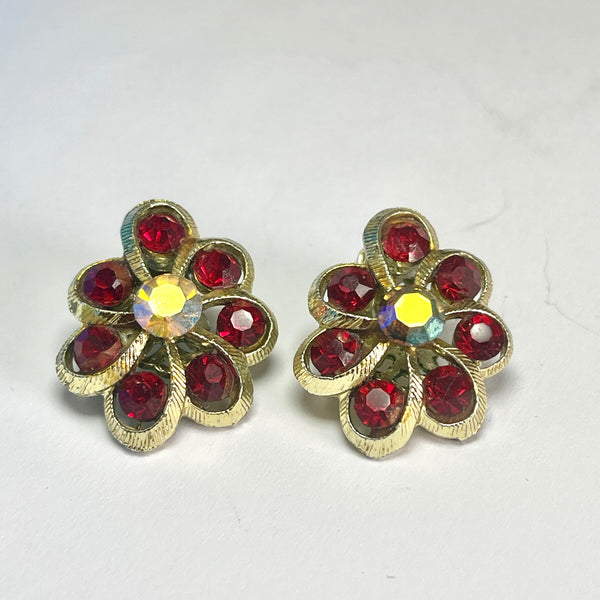 Red Rhinestone Vintage Aurora Borealis 50's Earrings-Vintageonline-Vintage Online